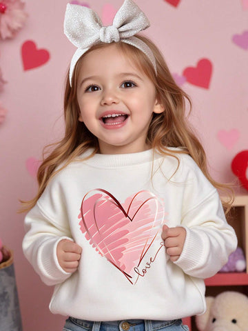 Valentine's Day Cute Pink Heart Pattern Young Girls' Casual Comfortable Thick Long Sleeve Pullover Hoodie, Suitable For Autumn/Winter