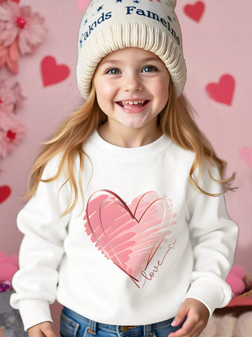 Valentine's Day Cute Pink Heart Pattern Young Girls' Casual Comfortable Thick Long Sleeve Pullover Hoodie, Suitable For Autumn/Winter