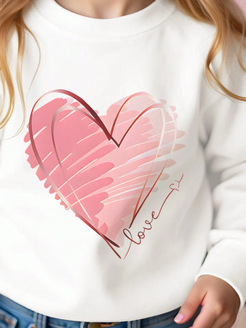 Valentine's Day Cute Pink Heart Pattern Young Girls' Casual Comfortable Thick Long Sleeve Pullover Hoodie, Suitable For Autumn/Winter