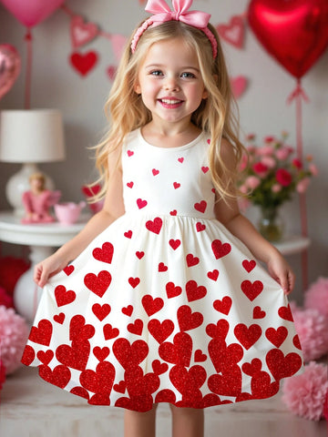 Valentine's Day, Lovely Red Heart Print, Young Girl Casual Minimalist Sleeveless Mid-Length Dress, Suitable For Summer Party