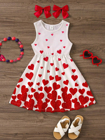 Valentine's Day, Lovely Red Heart Print, Young Girl Casual Minimalist Sleeveless Mid-Length Dress, Suitable For Summer Party