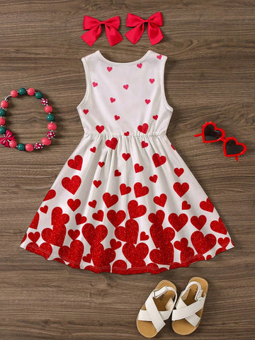 Valentine's Day, Lovely Red Heart Print, Young Girl Casual Minimalist Sleeveless Mid-Length Dress, Suitable For Summer Party
