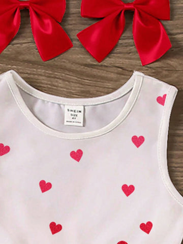 Valentine's Day, Lovely Red Heart Print, Young Girl Casual Minimalist Sleeveless Mid-Length Dress, Suitable For Summer Party