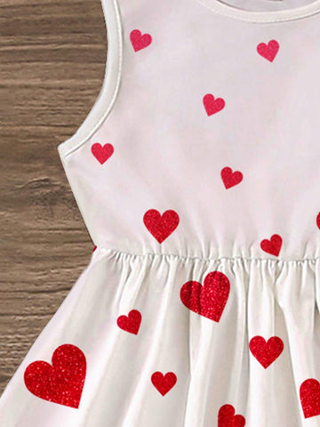 Valentine's Day, Lovely Red Heart Print, Young Girl Casual Minimalist Sleeveless Mid-Length Dress, Suitable For Summer Party