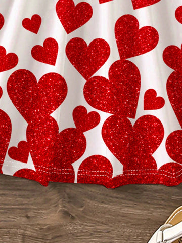 Valentine's Day, Lovely Red Heart Print, Young Girl Casual Minimalist Sleeveless Mid-Length Dress, Suitable For Summer Party