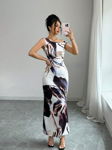 Oblique Shoulder Waist Cinched Fitted Floral Print Design Dress