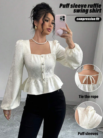 Veneréa Puff Sleeve Ruffle Textured Fabric Blouse