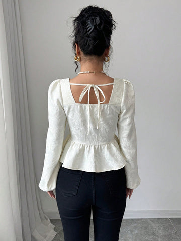 Veneréa Puff Sleeve Ruffle Textured Fabric Blouse