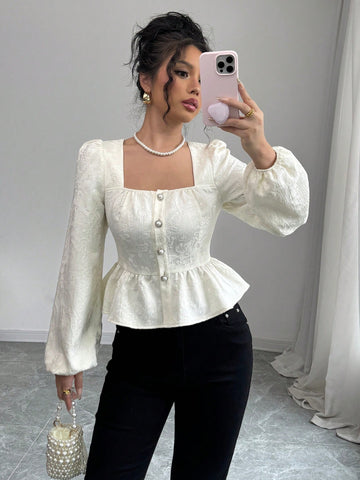 Veneréa Puff Sleeve Ruffle Textured Fabric Blouse