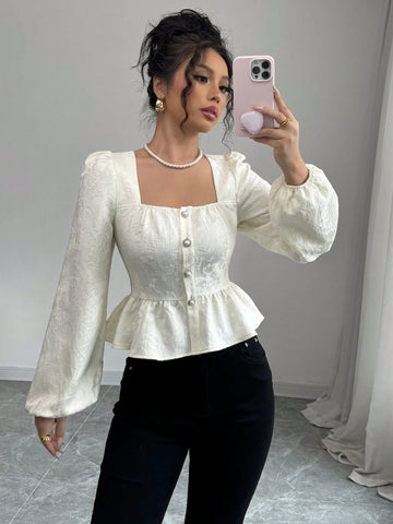 Veneréa Puff Sleeve Ruffle Textured Fabric Blouse