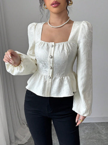 Veneréa Puff Sleeve Ruffle Textured Fabric Blouse