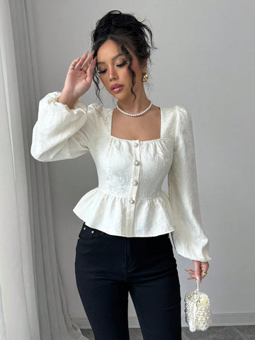 Veneréa Puff Sleeve Ruffle Textured Fabric Blouse