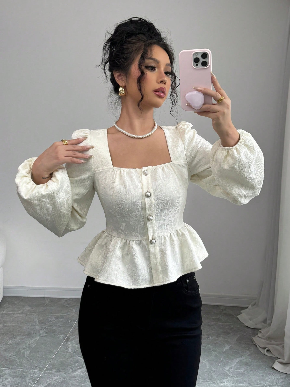 Veneréa Puff Sleeve Ruffle Textured Fabric Blouse