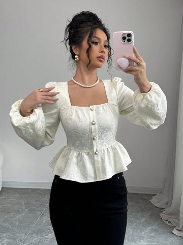 Veneréa Puff Sleeve Ruffle Textured Fabric Blouse