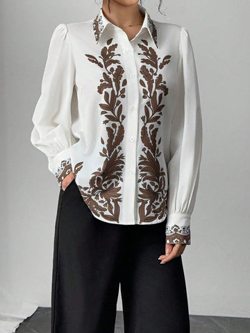 Veneréa Single Breasted Placement Floral Print Shirt, Minimalist Fashion Casual Everyday Wear