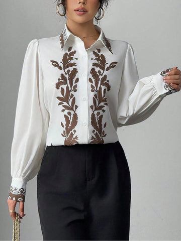 Veneréa Single Breasted Placement Floral Print Shirt, Minimalist Fashion Casual Everyday Wear