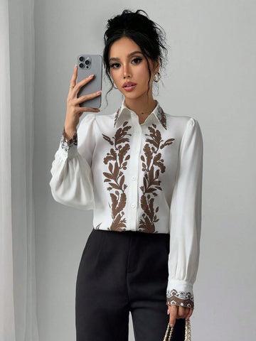 Veneréa Single Breasted Placement Floral Print Shirt, Minimalist Fashion Casual Everyday Wear