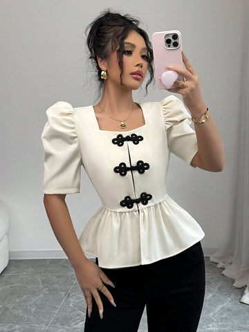 Veneréa Women's Elegant And Cute Apricot U-Neck Button Design Puff Sleeve Short Sleeve Blouse, Fit And Flare Style, Spring/Summer