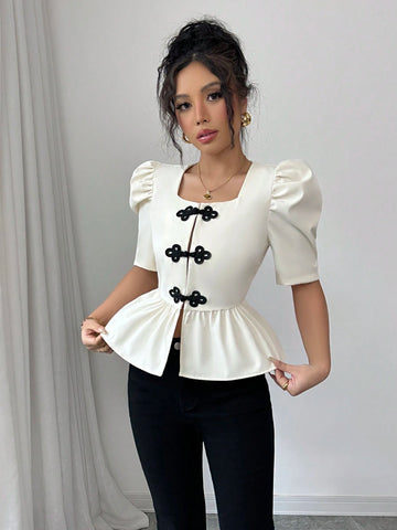 Veneréa Women's Elegant And Cute Apricot U-Neck Button Design Puff Sleeve Short Sleeve Blouse, Fit And Flare Style, Spring/Summer