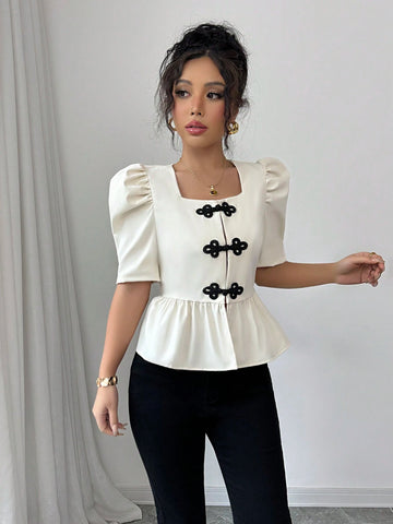 Veneréa Women's Elegant And Cute Apricot U-Neck Button Design Puff Sleeve Short Sleeve Blouse, Fit And Flare Style, Spring/Summer