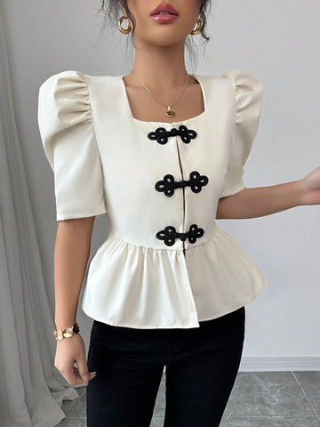 Veneréa Women's Elegant And Cute Apricot U-Neck Button Design Puff Sleeve Short Sleeve Blouse, Fit And Flare Style, Spring/Summer