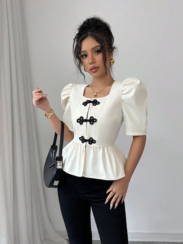 Veneréa Women's Elegant And Cute Apricot U-Neck Button Design Puff Sleeve Short Sleeve Blouse, Fit And Flare Style, Spring/Summer