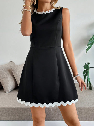 Women's Elegant Contrast Color Wave Pattern Waist-Cinched Round Neck Short Dress,