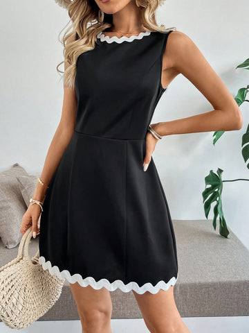 Women's Elegant Contrast Color Wave Pattern Waist-Cinched Round Neck Short Dress,