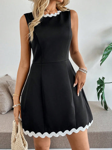 Women's Elegant Contrast Color Wave Pattern Waist-Cinched Round Neck Short Dress,