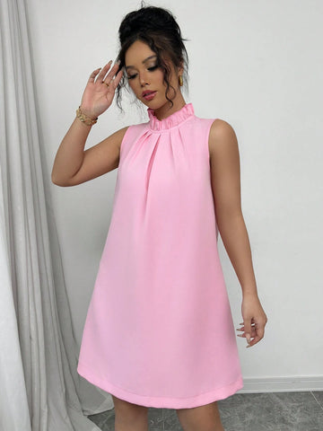 Women's Elegant Ruffled Collar Sleeveless A-Line Short Dress, Delicate Pink, Suitable For Valentine's Day, Spring/Summer
