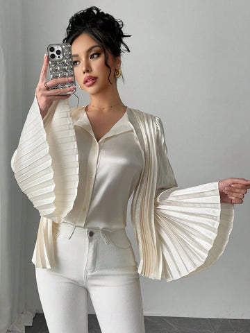 Veneréa Women's Flare Sleeve Pleated Design Shiny Blouse