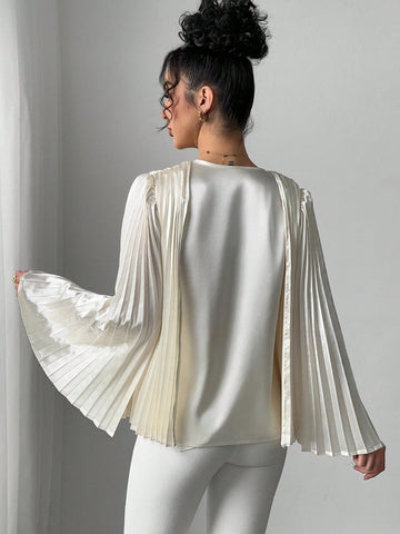 Veneréa Women's Flare Sleeve Pleated Design Shiny Blouse