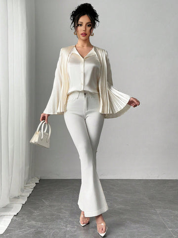 Veneréa Women's Flare Sleeve Pleated Design Shiny Blouse