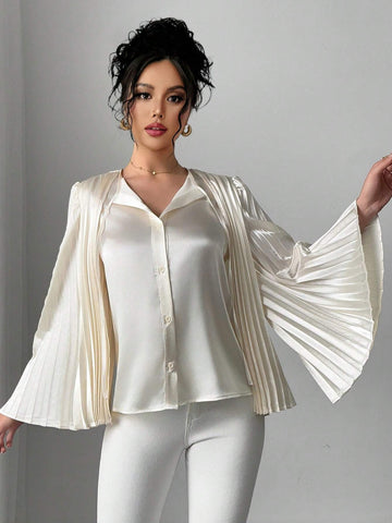 Veneréa Women's Flare Sleeve Pleated Design Shiny Blouse