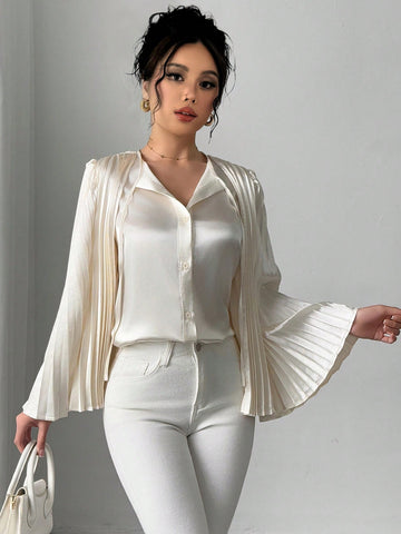 Veneréa Women's Flare Sleeve Pleated Design Shiny Blouse