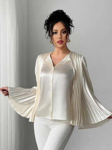 Veneréa Women's Flare Sleeve Pleated Design Shiny Blouse