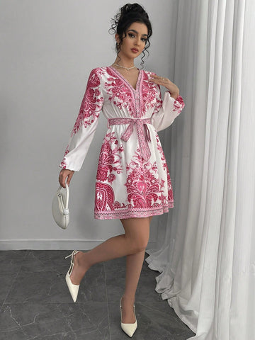 Women's Floral Print V-Neck Lantern Sleeve Elegant Short Dress