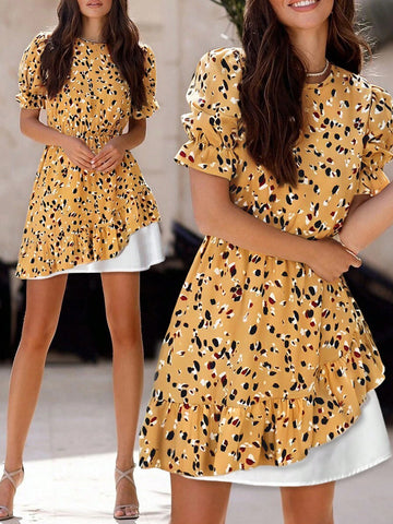 Women's Summer Casual Boho Style Floral Print Ruffle Hem Puff Sleeve Short Dress, Flowing