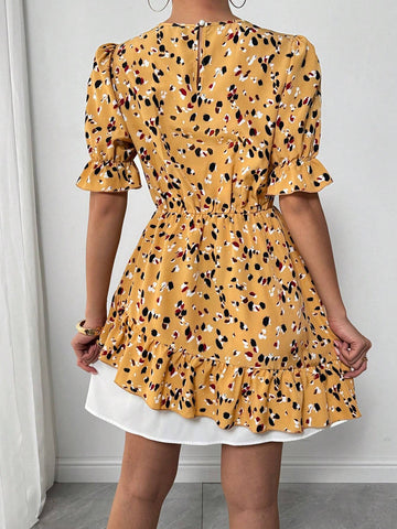 Women's Summer Casual Boho Style Floral Print Ruffle Hem Puff Sleeve Short Dress, Flowing