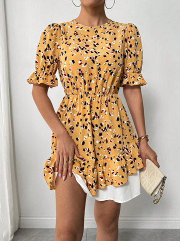 Women's Summer Casual Boho Style Floral Print Ruffle Hem Puff Sleeve Short Dress, Flowing