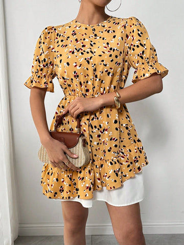 Women's Summer Casual Boho Style Floral Print Ruffle Hem Puff Sleeve Short Dress, Flowing