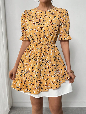 Women's Summer Casual Boho Style Floral Print Ruffle Hem Puff Sleeve Short Dress, Flowing