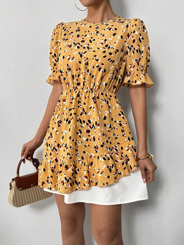 Women's Summer Casual Boho Style Floral Print Ruffle Hem Puff Sleeve Short Dress, Flowing