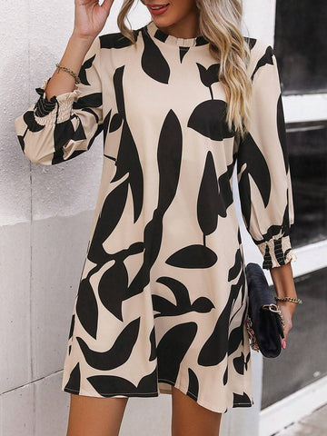 Women's Tie-Up Neck, Elastic Cuff 3/4 Sleeve Plant Print Casual Dress