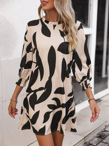 Women's Tie-Up Neck, Elastic Cuff 3/4 Sleeve Plant Print Casual Dress