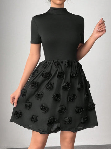 Women's Turtleneck Rose Embroidery Patchwork Hem Black Mini Dress