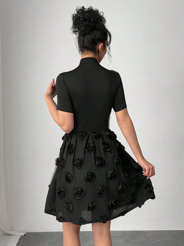 Women's Turtleneck Rose Embroidery Patchwork Hem Black Mini Dress
