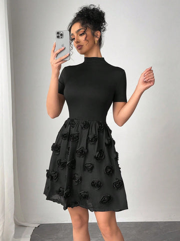 Women's Turtleneck Rose Embroidery Patchwork Hem Black Mini Dress