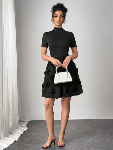 Women's Turtleneck Rose Embroidery Patchwork Hem Black Mini Dress