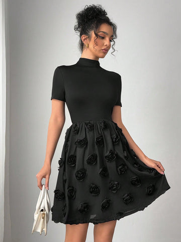 Women's Turtleneck Rose Embroidery Patchwork Hem Black Mini Dress